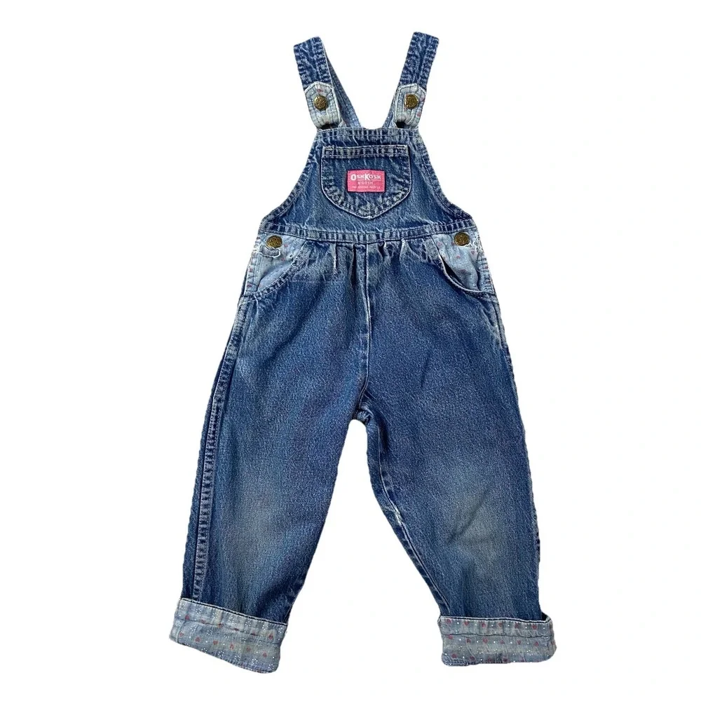 VTG Oshkosh B'gosh Vestbak Blue Denim Overalls Girl's 3T Hearts Farmcore Play